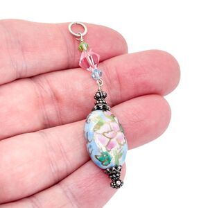 Vintage Artisan Silver 925 6cm Cloisonné Floral Dangle Pendant
